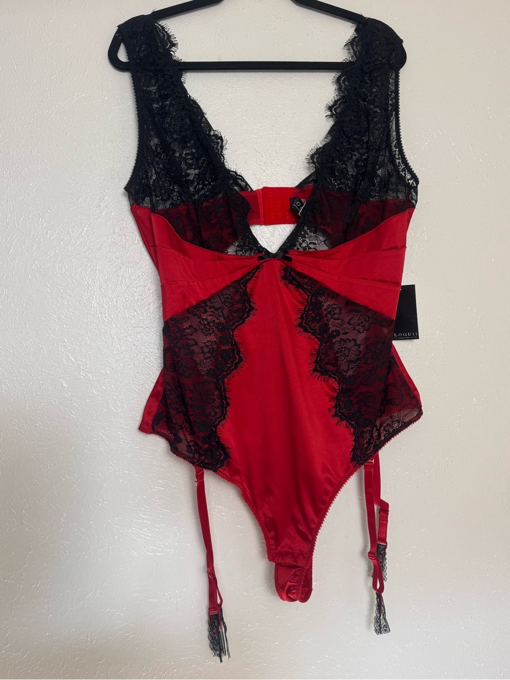 ELOQUII Red Satin Black Lace Lingerie Bodysuit Garter